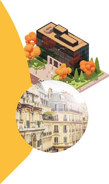 demi cercle jaune background avec un dessin d'immeuble et une photo de Paris