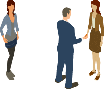 un homme et deux femmes debout négocient les termes d'un contrat