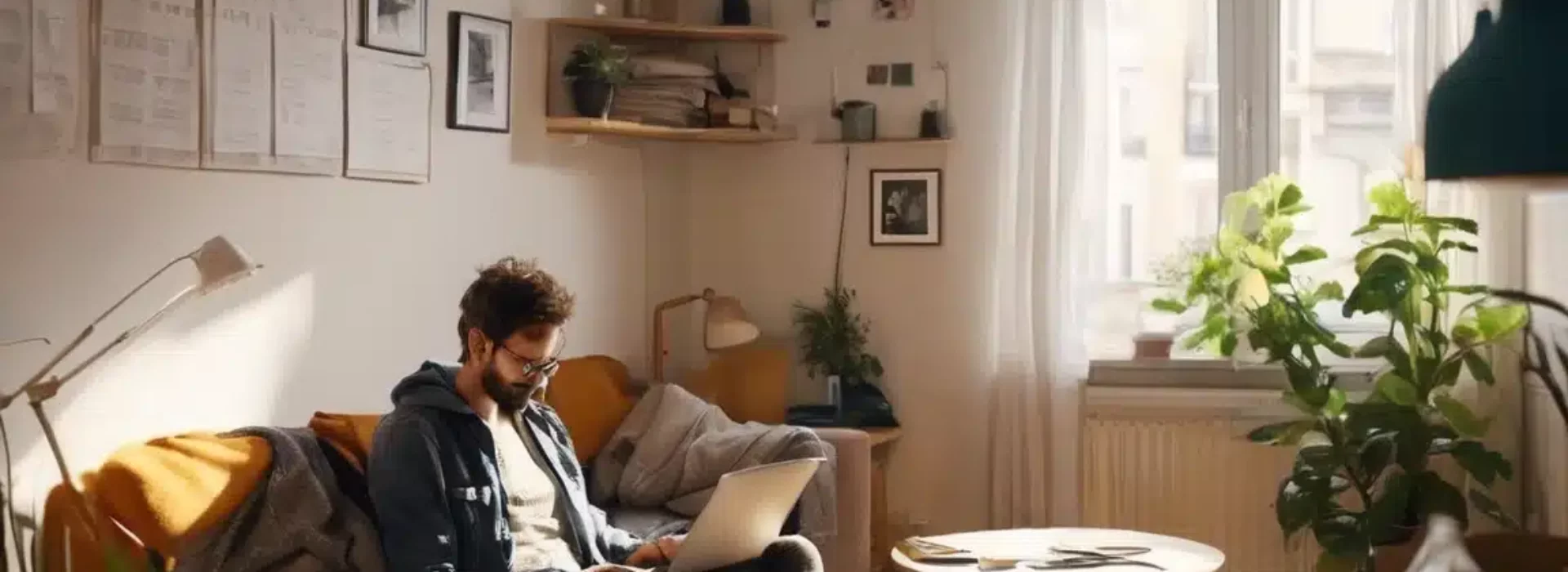locataire dans son salon qui travaille sur son pc