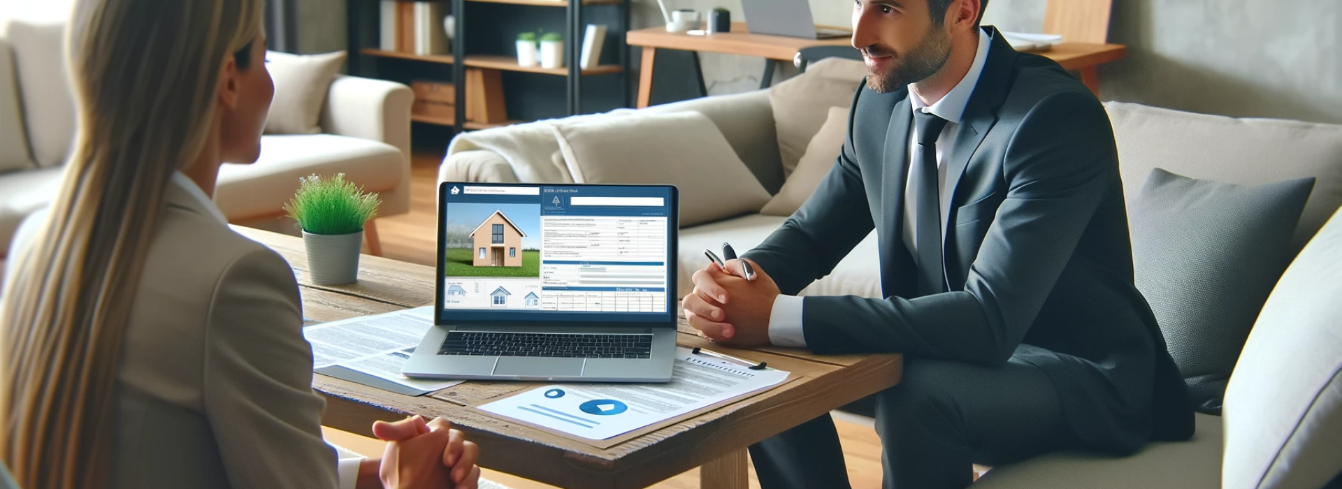 scène de réunion en agence immobilière où un agent présente un rapport d'état des lieux sur un ordinateur portable à un client
